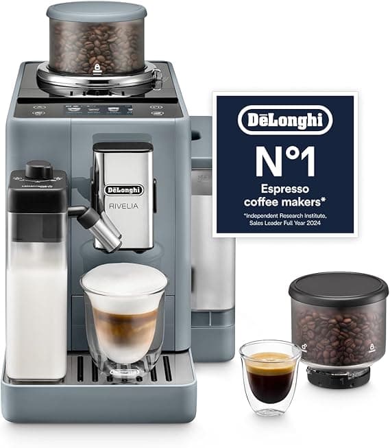 Delonghi Rivelia EXAM440.55.G, Fully Automatic Coffee Machine with LatteCrema Hot, Automatic Milk Frother, Compact Size Bean to Cup Coffee Machine, 16 Recipes, Full Touch Colored Display, Pebble Grey