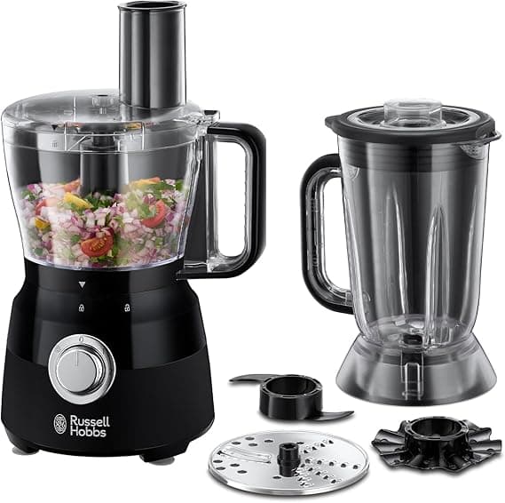 Russell Hobbs Desire Electric Food Processor, Bowl with 1.5L usable capacity, 1.5L Plastic jug, Stainless steel blades, reversible slicing/shredding disk, dough hook & creaming disk inc, 600W, 24732