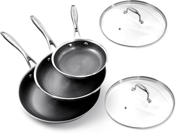 DELUXE Hybrid Ceramic Nonstick 5-Piece Fry Pan Set（20/25/30CM,Frying Pans with Tempered Glass Lids,Stay-Cool Handles, Dishwasher Safe, Works on All Stovetops