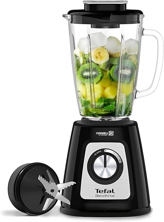 Tefal Blendforce II Blender, 2L Glass Jug, 1.25L Effective Capacity, 800W, 4 Removable Powelix Blades, Smoothie Blender, Ice Crush, 2 Speeds + Pulse, Black, BL435840