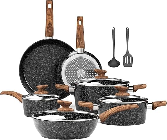 Kitchen Academy Induction Hob Pots and Pans Set - 12 Piece Cooking Pans Set, Black Granite Kitchen Cookware Set,Nonstick Saucepan Set PFOS & PFOA Free