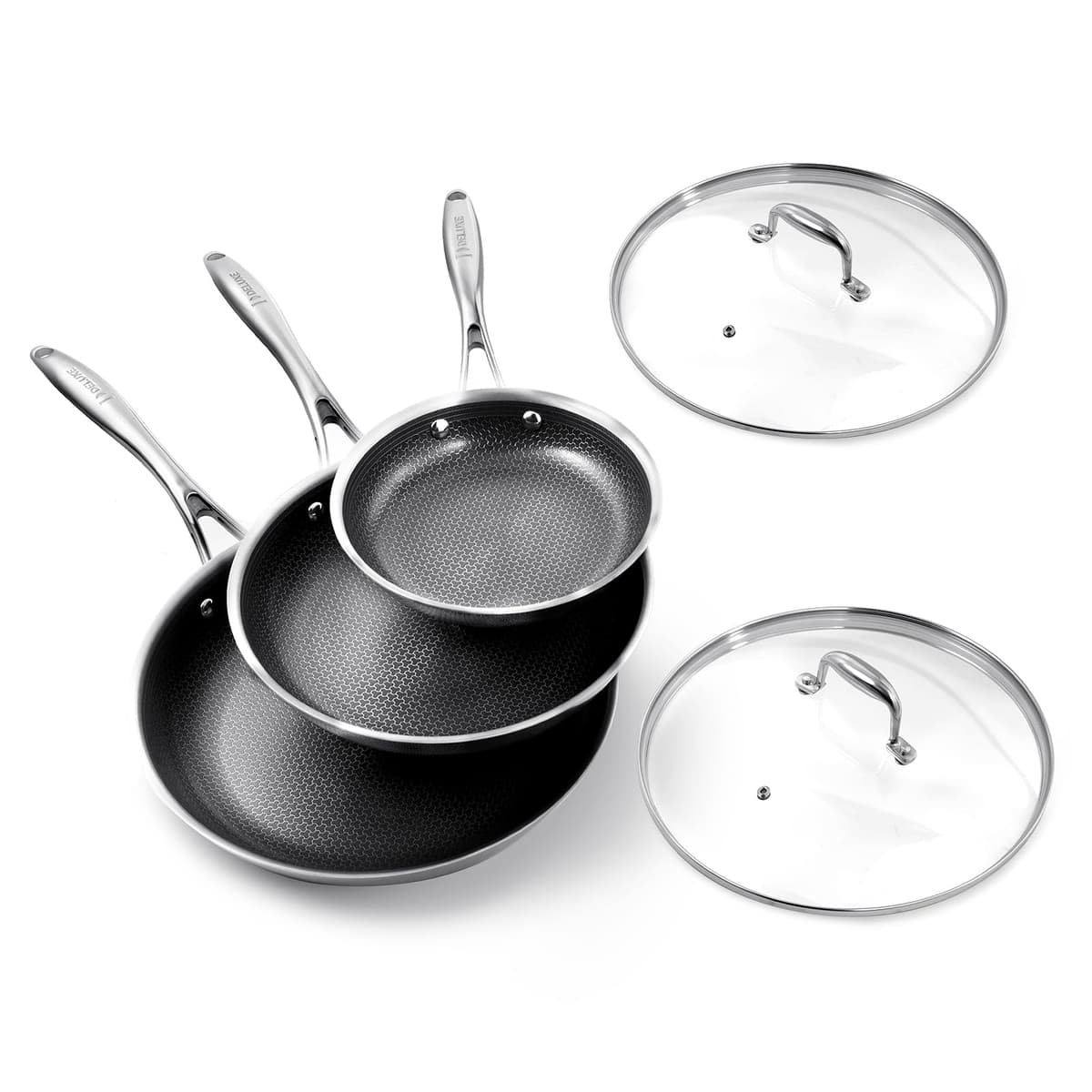 DELUXE Hybrid Ceramic Nonstick 5-Piece Fry Pan Set(20/25/30CM,Frying Pans with Tempered Glass Lids,Stay-Cool Handles, Dishwasher Safe, Works on All Stovetops - Cookware